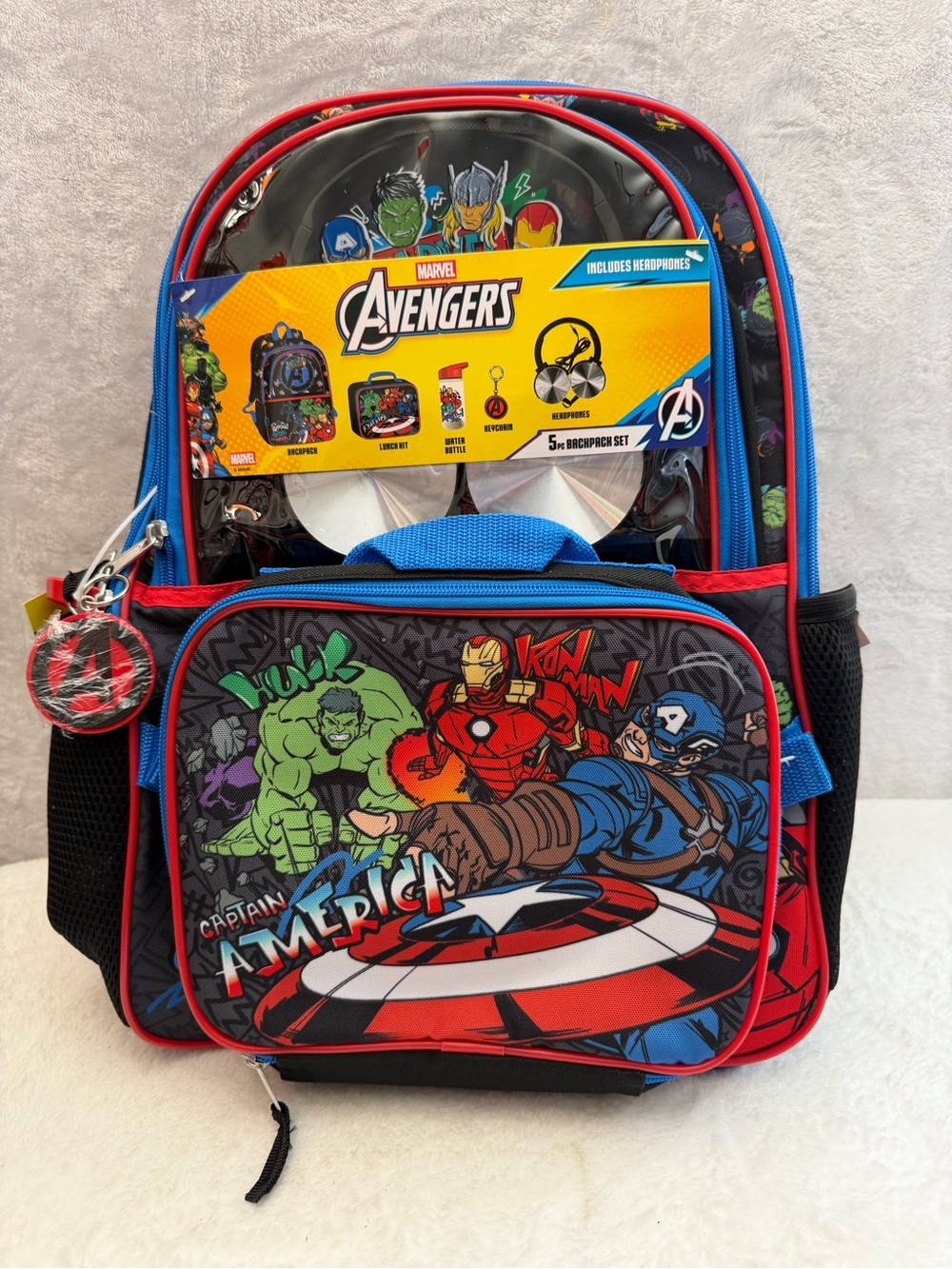 Marvel Avengers Kids 5 Piece Backpack Set Lunch Bag Headphones Water Bottle